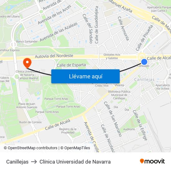 Canillejas to Clínica Universidad de Navarra map