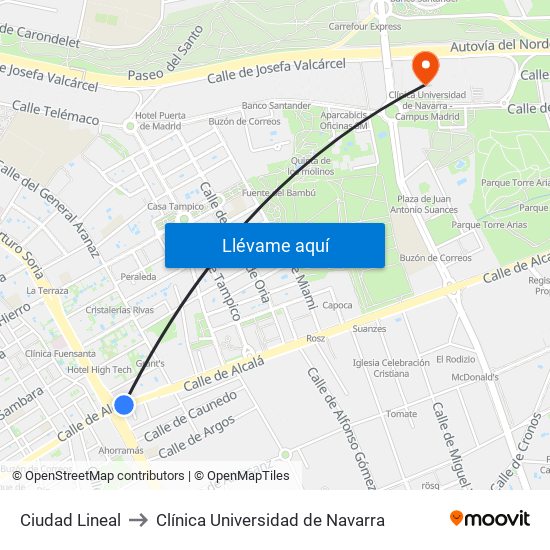 Ciudad Lineal to Clínica Universidad de Navarra map