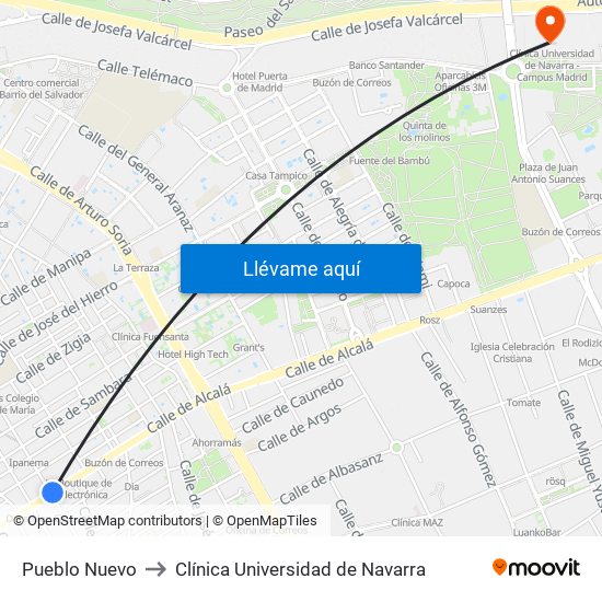 Pueblo Nuevo to Clínica Universidad de Navarra map