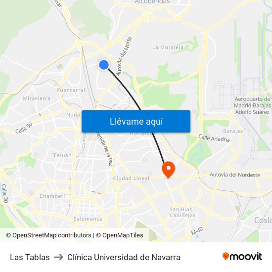 Las Tablas to Clínica Universidad de Navarra map