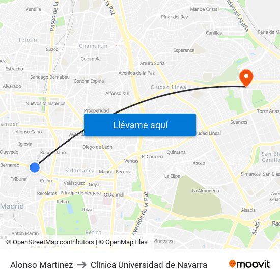 Alonso Martínez to Clínica Universidad de Navarra map