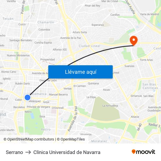 Serrano to Clínica Universidad de Navarra map