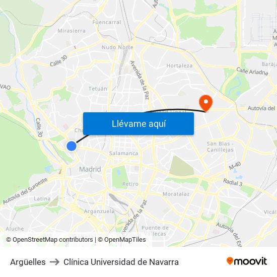 Argüelles to Clínica Universidad de Navarra map