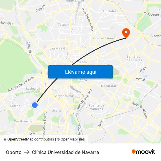 Oporto to Clínica Universidad de Navarra map