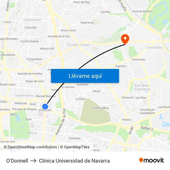 O'Donnell to Clínica Universidad de Navarra map