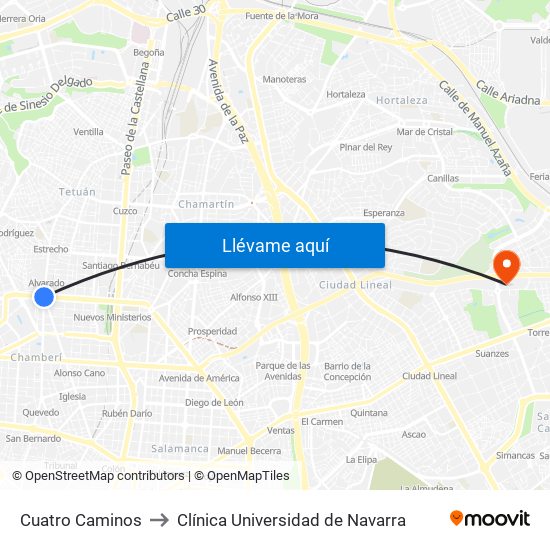 Cuatro Caminos to Clínica Universidad de Navarra map