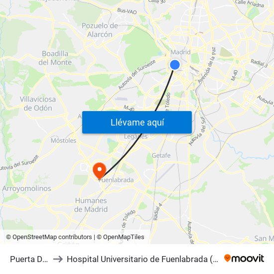 Puerta De Toledo to Hospital Universitario de Fuenlabrada (Hospital Univ. de Fuenlabra) map