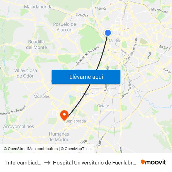 Intercambiador De Moncloa to Hospital Universitario de Fuenlabrada (Hospital Univ. de Fuenlabra) map