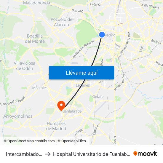 Intercambiador De Príncipe Pío to Hospital Universitario de Fuenlabrada (Hospital Univ. de Fuenlabra) map
