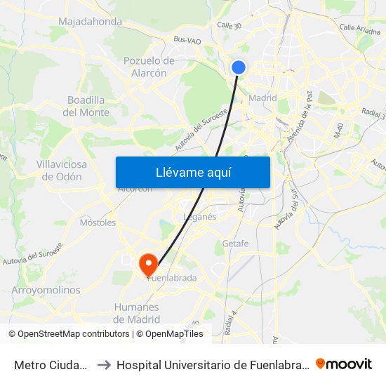 Metro Ciudad Universitaria to Hospital Universitario de Fuenlabrada (Hospital Univ. de Fuenlabra) map