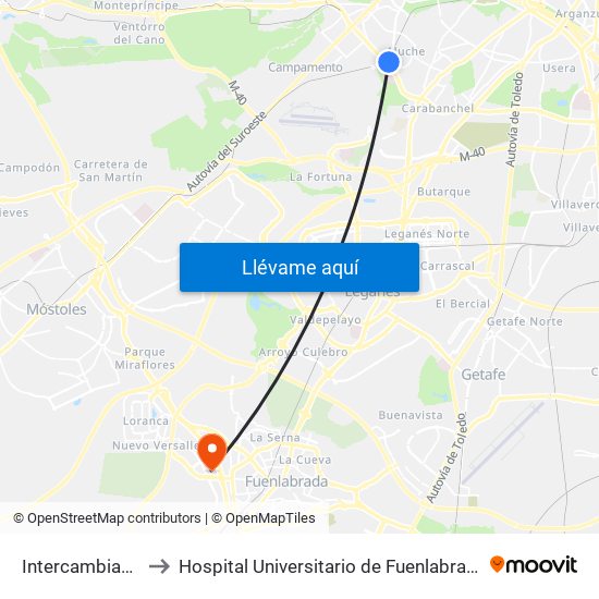 Intercambiador De Aluche to Hospital Universitario de Fuenlabrada (Hospital Univ. de Fuenlabra) map