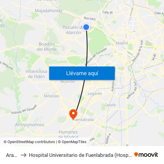Aravaca to Hospital Universitario de Fuenlabrada (Hospital Univ. de Fuenlabra) map