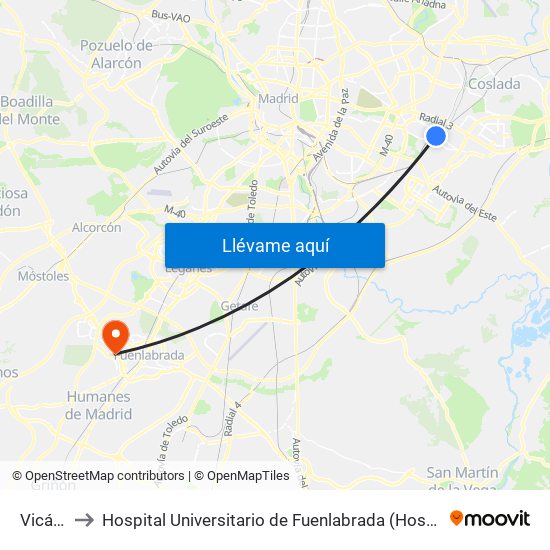 Vicálvaro to Hospital Universitario de Fuenlabrada (Hospital Univ. de Fuenlabra) map