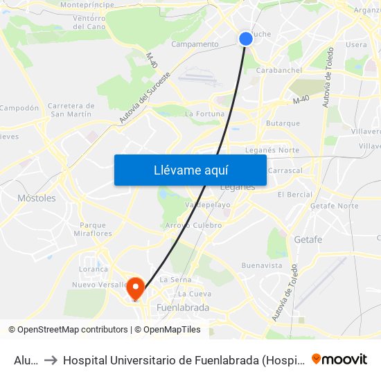 Aluche to Hospital Universitario de Fuenlabrada (Hospital Univ. de Fuenlabra) map