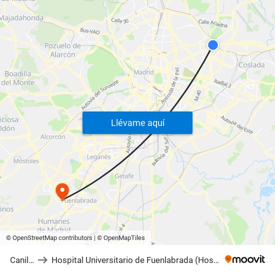 Canillejas to Hospital Universitario de Fuenlabrada (Hospital Univ. de Fuenlabra) map