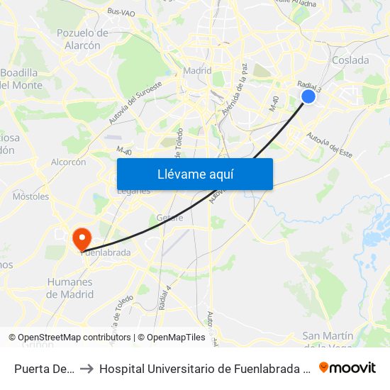 Puerta De Arganda to Hospital Universitario de Fuenlabrada (Hospital Univ. de Fuenlabra) map