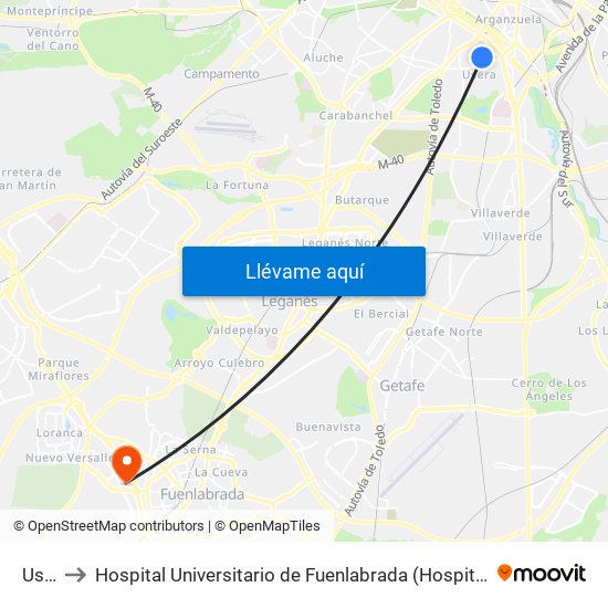 Usera to Hospital Universitario de Fuenlabrada (Hospital Univ. de Fuenlabra) map