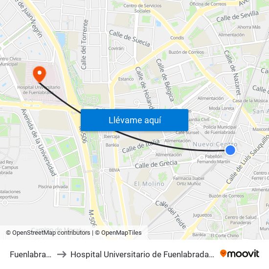 Fuenlabrada Central to Hospital Universitario de Fuenlabrada (Hospital Univ. de Fuenlabra) map