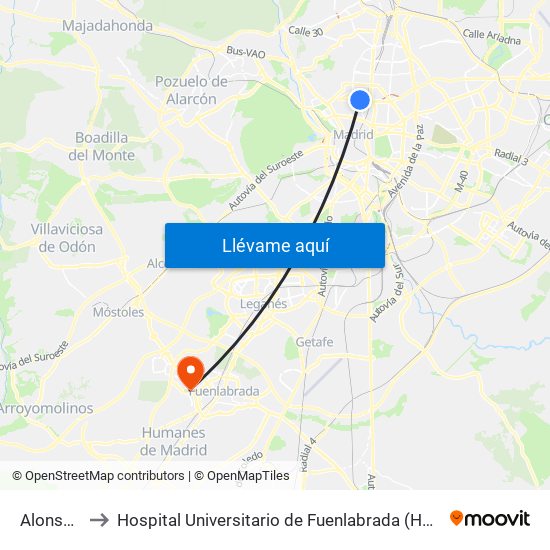 Alonso Cano to Hospital Universitario de Fuenlabrada (Hospital Univ. de Fuenlabra) map
