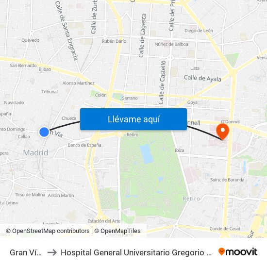 Gran Vía - Montera to Hospital General Universitario Gregorio Marañón (Hosp. Gen. Uni. Gregorio Marañón) map