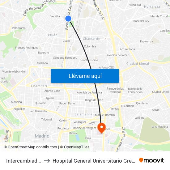 Intercambiador De Plaza De Castilla to Hospital General Universitario Gregorio Marañón (Hosp. Gen. Uni. Gregorio Marañón) map