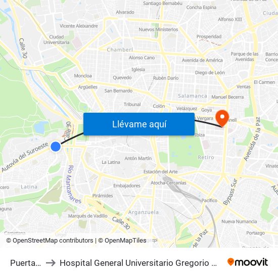 Puerta Del Ángel to Hospital General Universitario Gregorio Marañón (Hosp. Gen. Uni. Gregorio Marañón) map