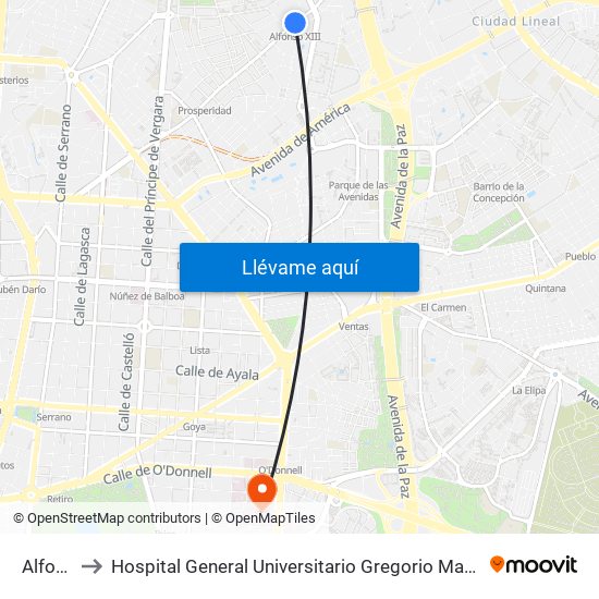 Alfonso XIII to Hospital General Universitario Gregorio Marañón (Hosp. Gen. Uni. Gregorio Marañón) map