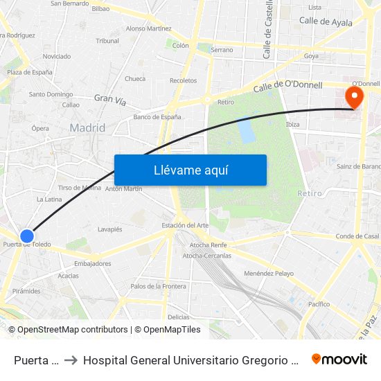 Puerta De Toledo to Hospital General Universitario Gregorio Marañón (Hosp. Gen. Uni. Gregorio Marañón) map