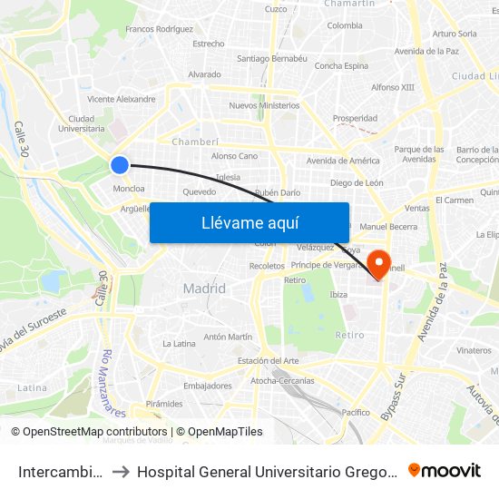 Intercambiador De Moncloa to Hospital General Universitario Gregorio Marañón (Hosp. Gen. Uni. Gregorio Marañón) map