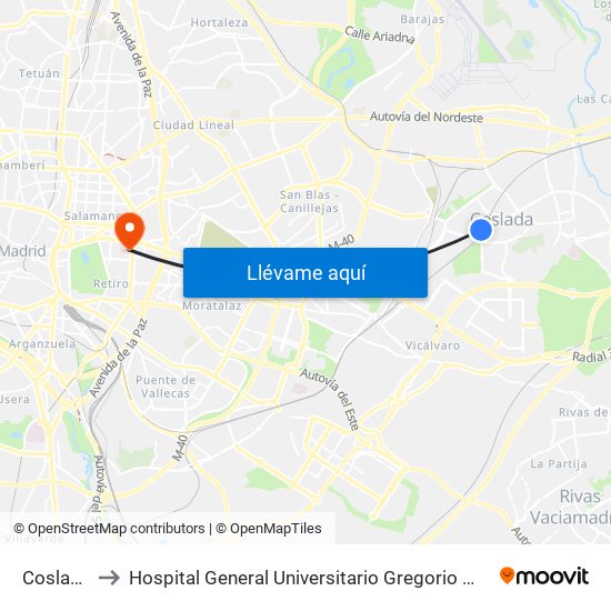 Coslada Central to Hospital General Universitario Gregorio Marañón (Hosp. Gen. Uni. Gregorio Marañón) map