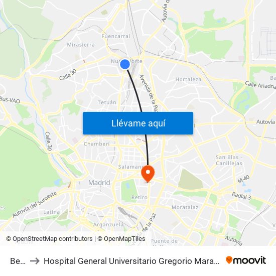 Begoña to Hospital General Universitario Gregorio Marañón (Hosp. Gen. Uni. Gregorio Marañón) map