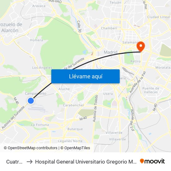 Cuatro Vientos to Hospital General Universitario Gregorio Marañón (Hosp. Gen. Uni. Gregorio Marañón) map