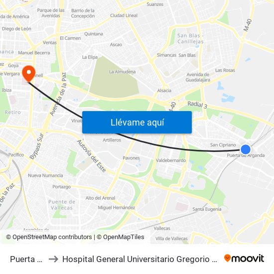 Puerta De Arganda to Hospital General Universitario Gregorio Marañón (Hosp. Gen. Uni. Gregorio Marañón) map