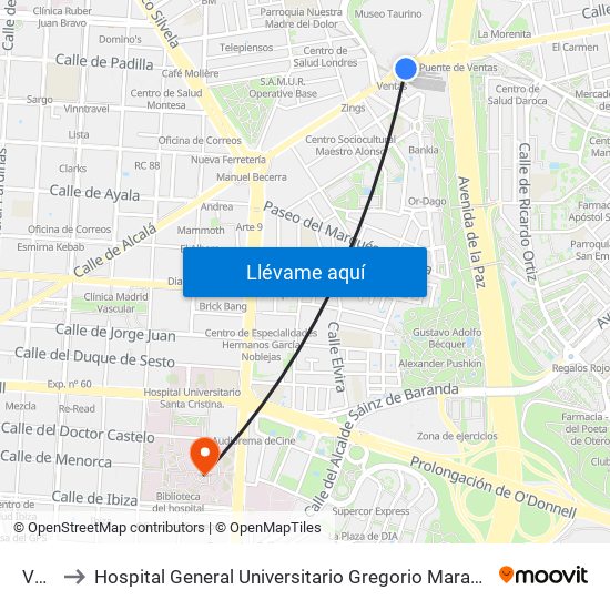 Ventas to Hospital General Universitario Gregorio Marañón (Hosp. Gen. Uni. Gregorio Marañón) map