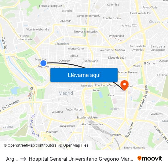 Argüelles to Hospital General Universitario Gregorio Marañón (Hosp. Gen. Uni. Gregorio Marañón) map