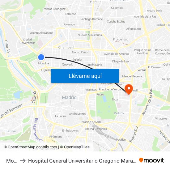 Moncloa to Hospital General Universitario Gregorio Marañón (Hosp. Gen. Uni. Gregorio Marañón) map
