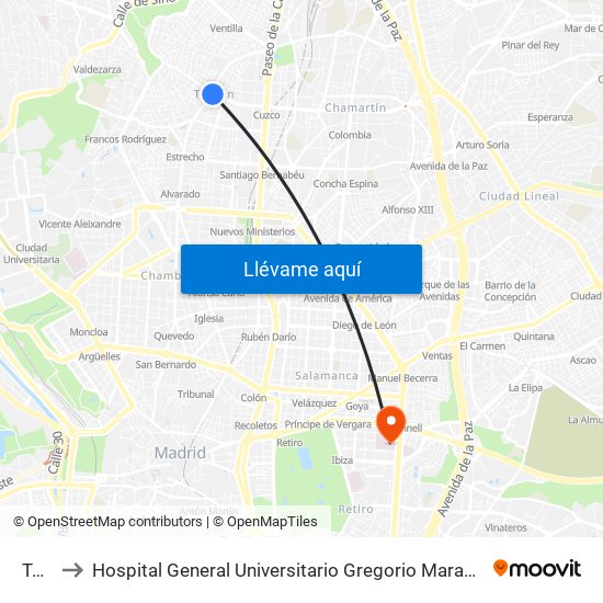 Tetuán to Hospital General Universitario Gregorio Marañón (Hosp. Gen. Uni. Gregorio Marañón) map