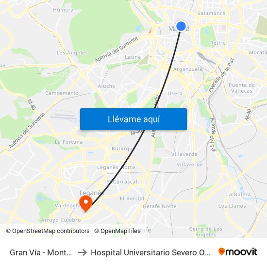 Gran Vía - Montera to Hospital Universitario Severo Ochoa map