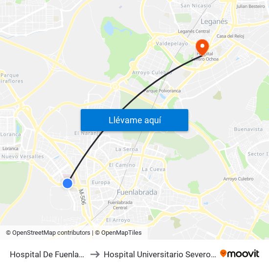 Hospital De Fuenlabrada to Hospital Universitario Severo Ochoa map