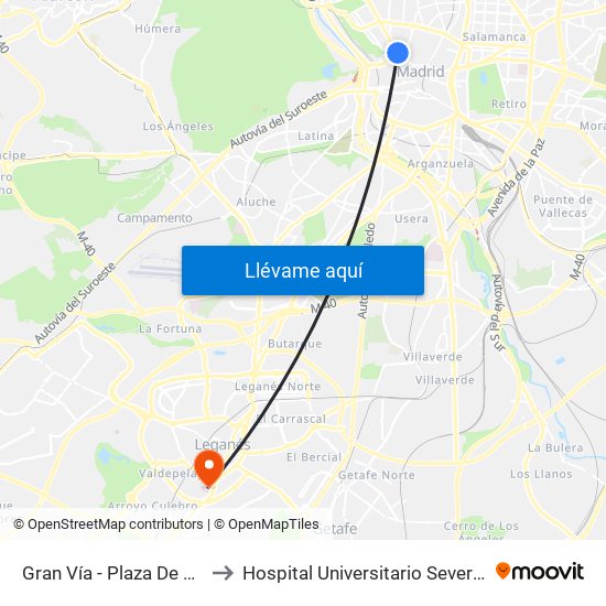 Gran Vía - Plaza De España to Hospital Universitario Severo Ochoa map