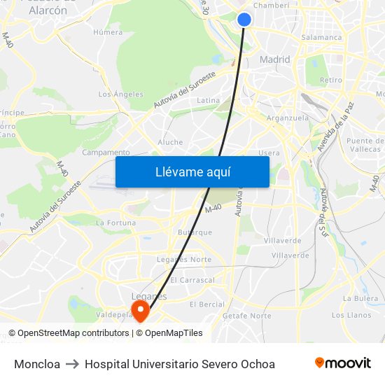Moncloa to Hospital Universitario Severo Ochoa map
