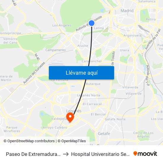 Paseo De Extremadura - El Greco to Hospital Universitario Severo Ochoa map