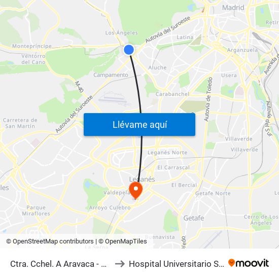 Ctra. Cchel. A Aravaca - Colonia Jardín to Hospital Universitario Severo Ochoa map