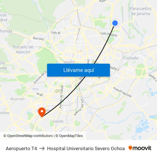 Aeropuerto T4 to Hospital Universitario Severo Ochoa map