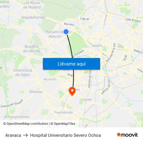 Aravaca to Hospital Universitario Severo Ochoa map