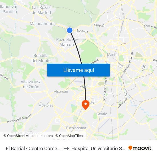 El Barrial - Centro Comercial Pozuelo to Hospital Universitario Severo Ochoa map