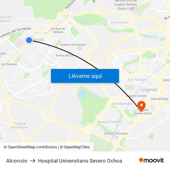 Alcorcón to Hospital Universitario Severo Ochoa map