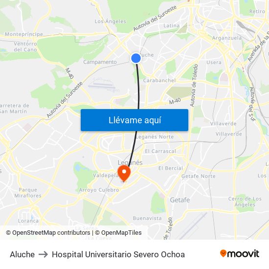 Aluche to Hospital Universitario Severo Ochoa map