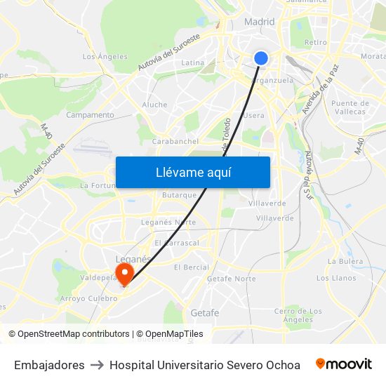 Embajadores to Hospital Universitario Severo Ochoa map