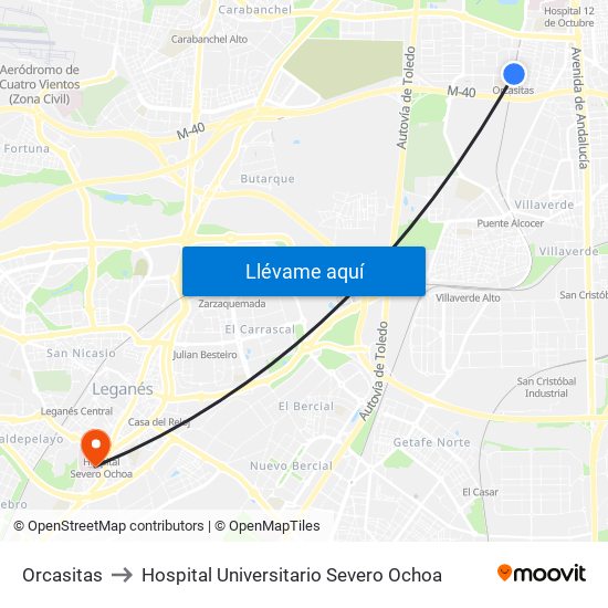 Orcasitas to Hospital Universitario Severo Ochoa map